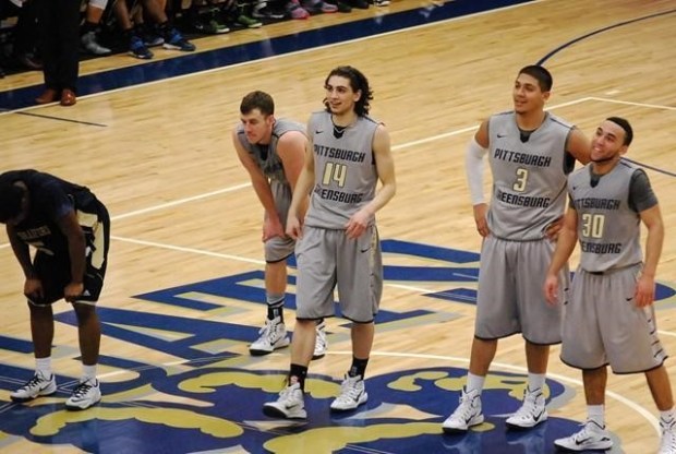 Jerell Figuerora, Marcos Thomas, and Rocco Contristano look on as the Bobcats wrap up the win vs Pitt-Bradford, photo courtesy of pittgreensburgathletics.com