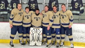 Seniors Zachary Frantik, Nico Vecchio, Ryan Palonis, Dan DeMarchi, Anthony Maroadi, and Ryan Joyce pose before their final regular-season game of their collegiate careers – Courtesy of @PittGbgHockey
